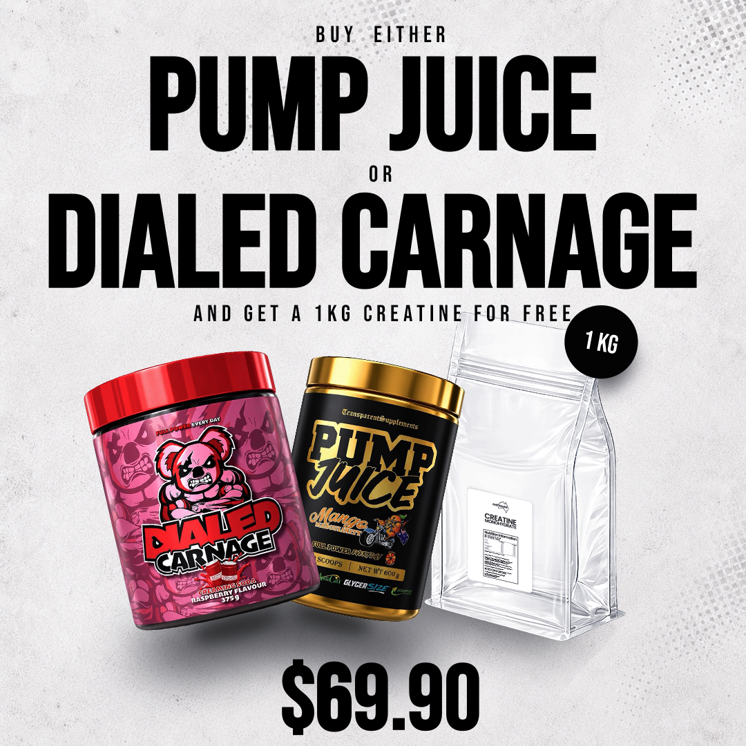 Pump Juice or Dialed Carnage Stack FREE 1kg of Creatine