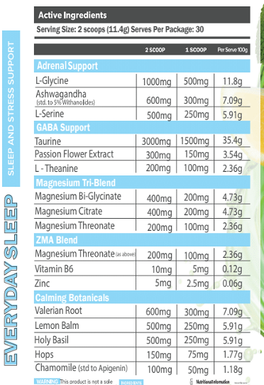 Primabolics Everyday Sleep 30 Serves — manufacturer nutrition and ingredient panel